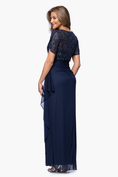 "Giselle" Sheer Matte Jersey Beaded V-Neck Dress Navy XSCAPE