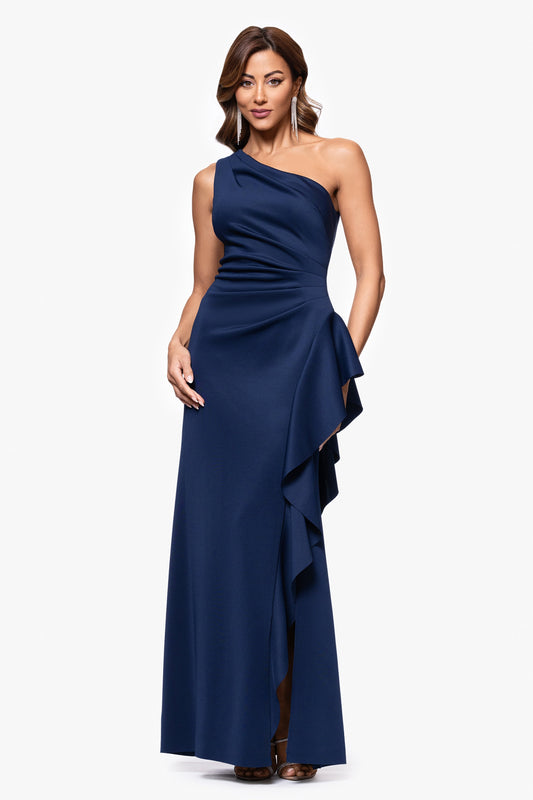 Petite "Flo" Long Techno Scuba One Shoulder Ruffle Dress Midnight XSCAPE