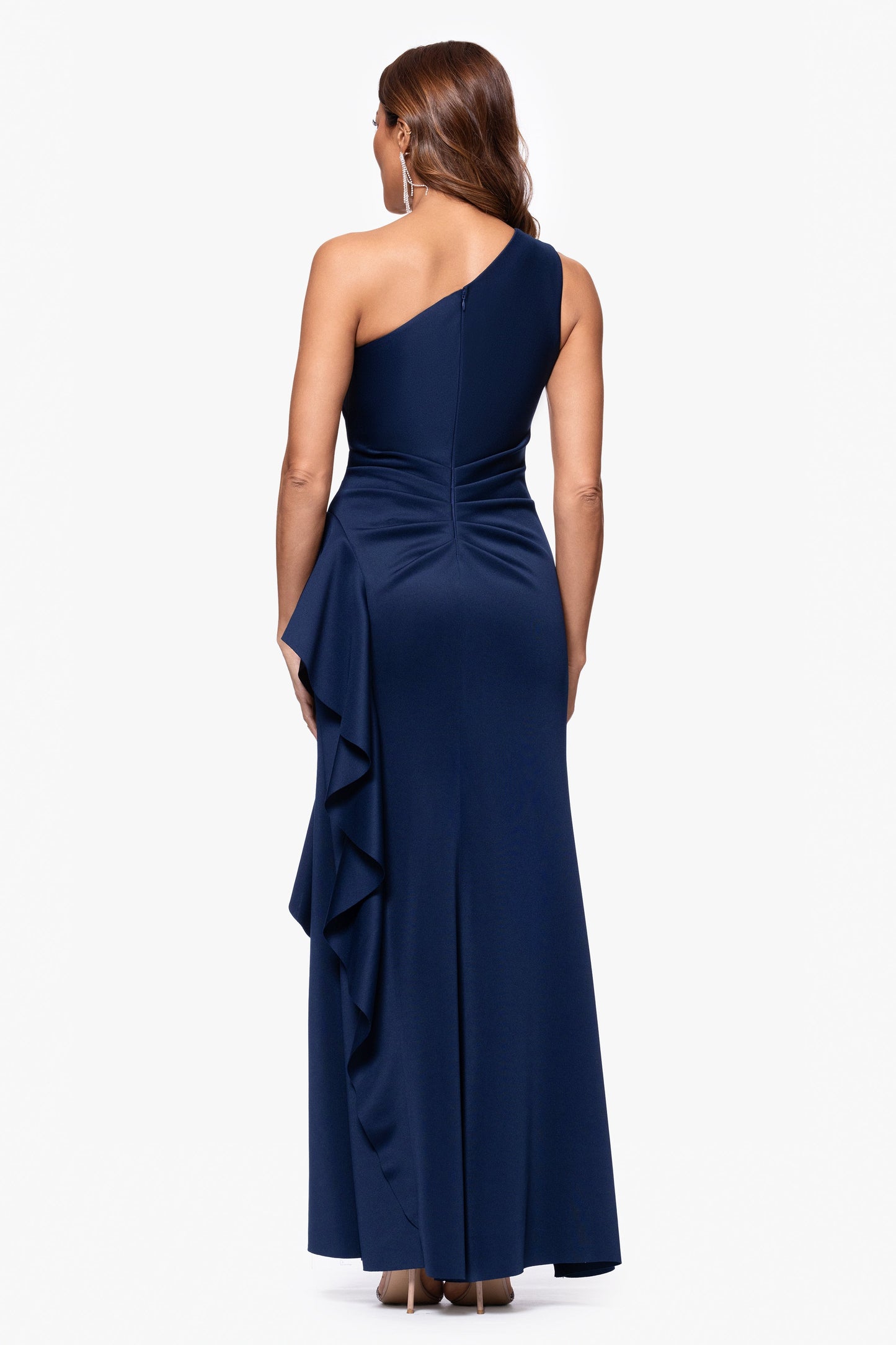 Petite "Flo" Long Techno Scuba One Shoulder Ruffle Dress Midnight XSCAPE