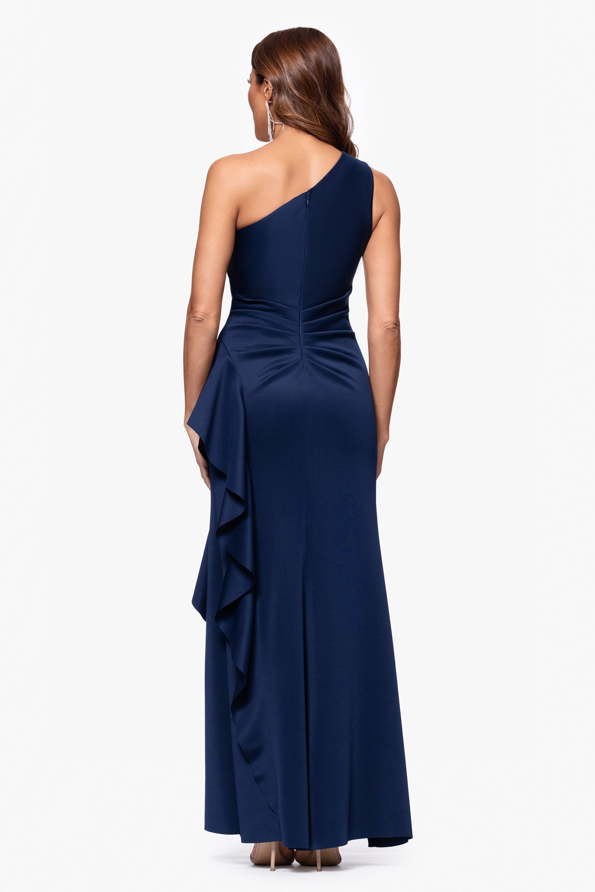 Petite "Flo" Long Techno Scuba One Shoulder Ruffle Dress Midnight XSCAPE