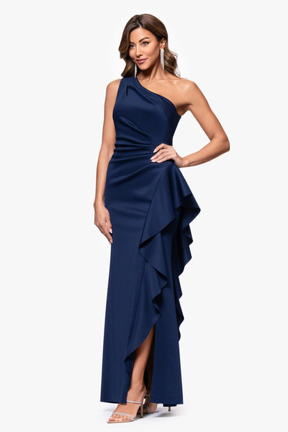 Petite "Flo" Long Techno Scuba One Shoulder Ruffle Dress Midnight XSCAPE