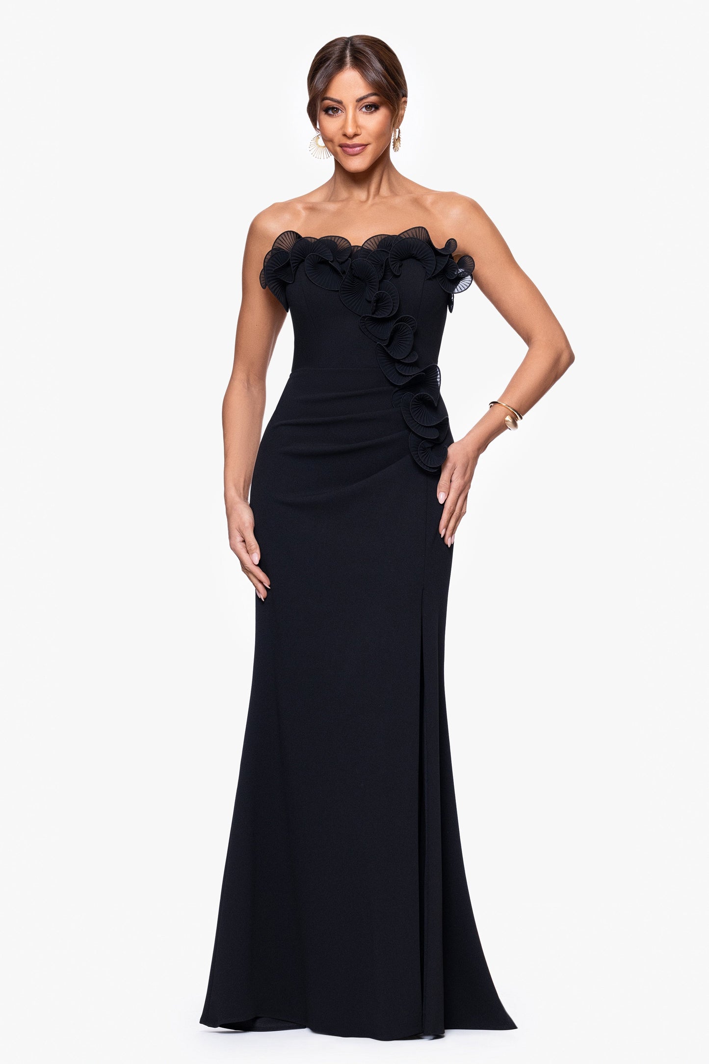 Petite "Kimberly" Scuba Crepe Chiffon Ruffle Strapless Dress Black XSCAPE