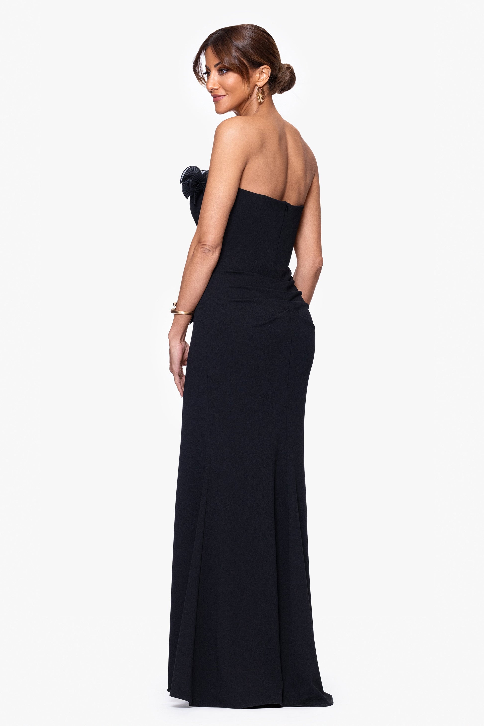 Petite "Kimberly" Scuba Crepe Chiffon Ruffle Strapless Dress Black XSCAPE
