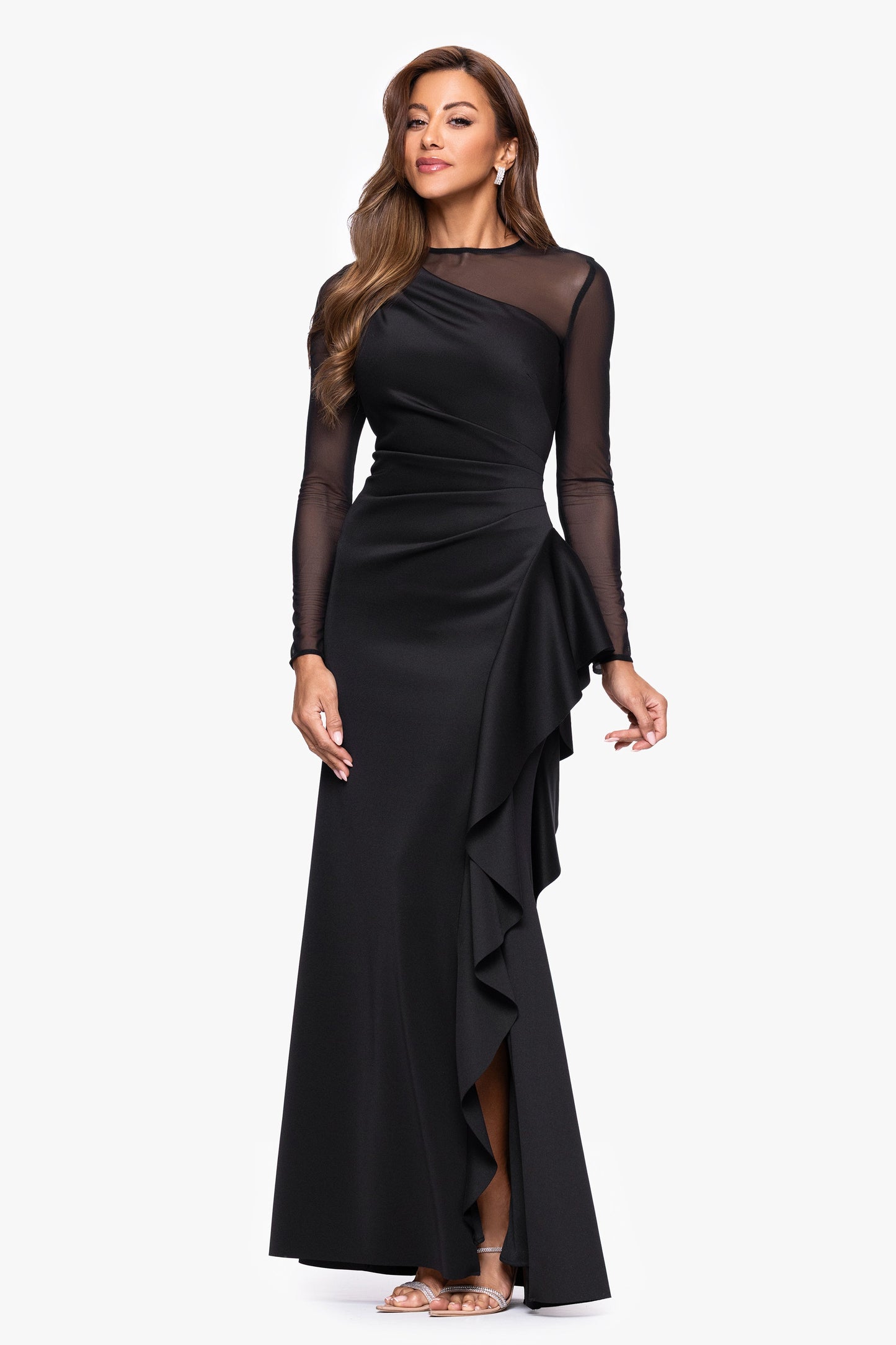 Petite "Lyra" Techno Scuba Mesh Long Sleeve Dress Black XSCAPE
