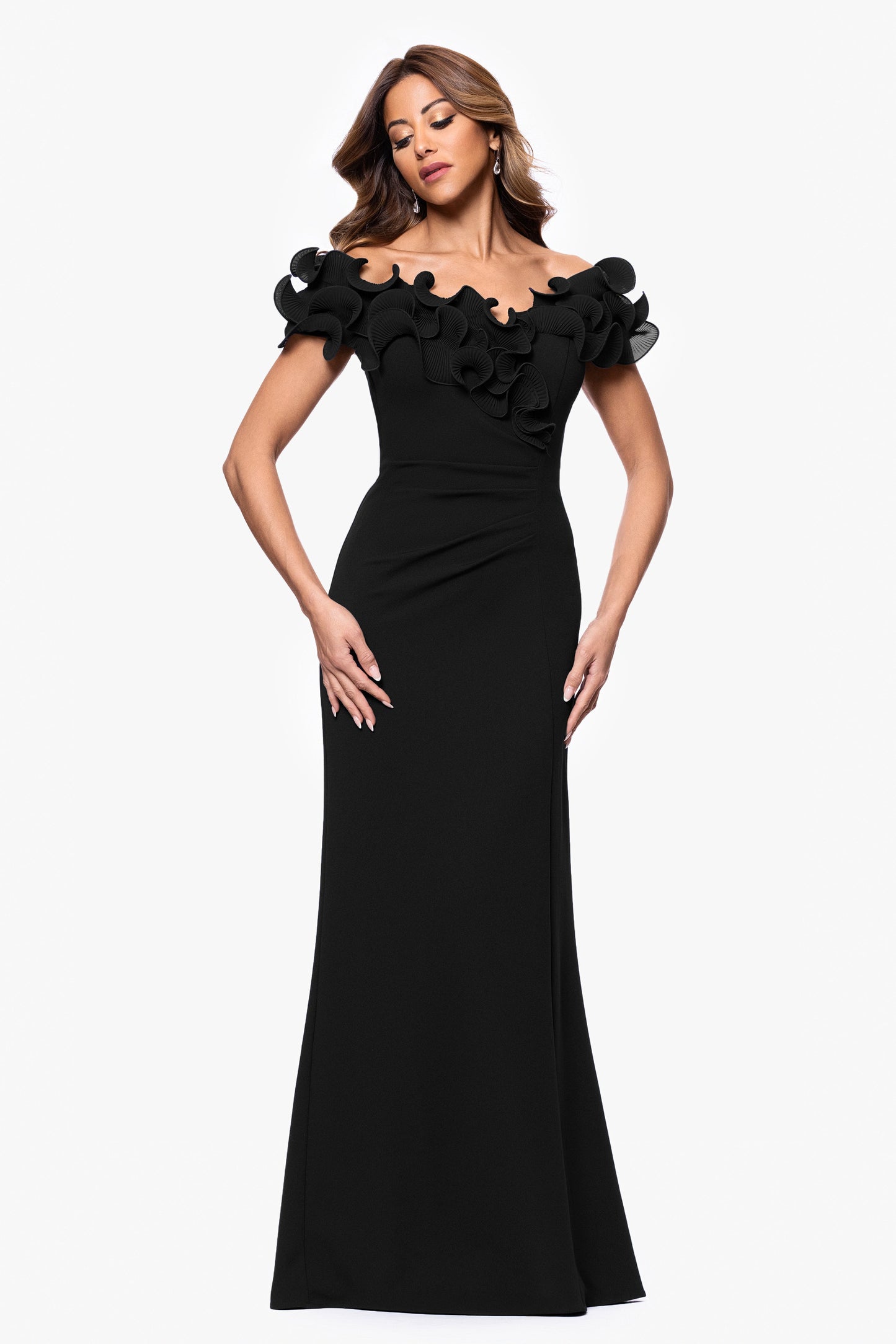 "Anya" Scuba Crepe & Chiffon Ruffle Off The Shoulder Dress Black XSCAPE