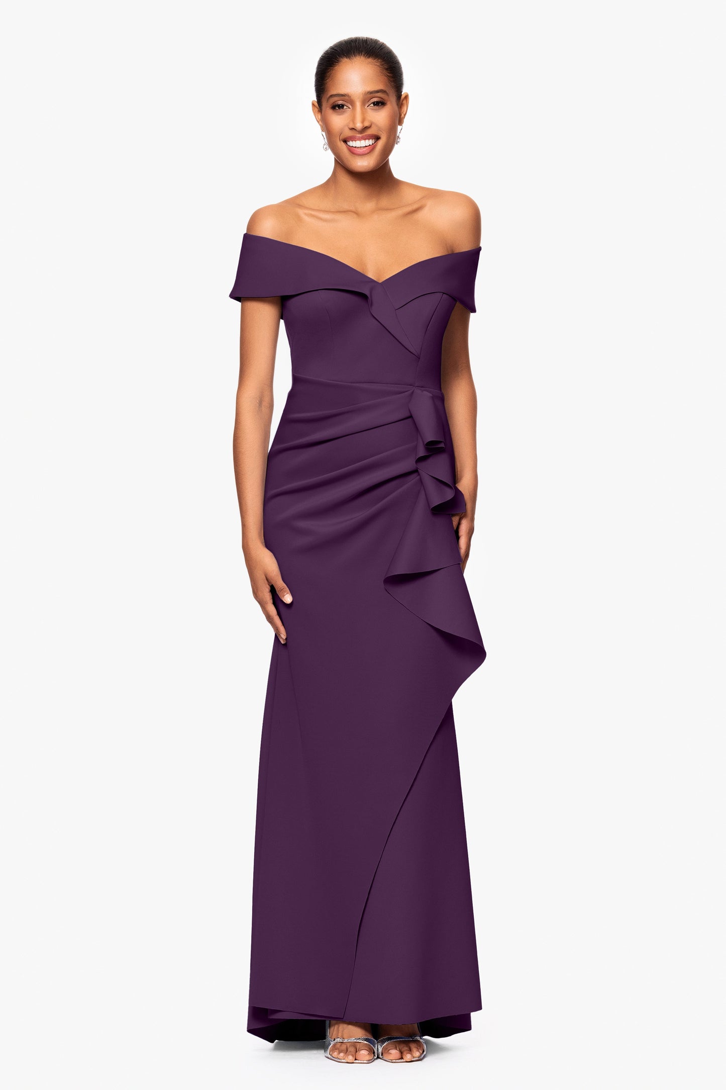 Petite "Patti" Techno Scuba Off The Shoulder Dress Plum XSCAPE