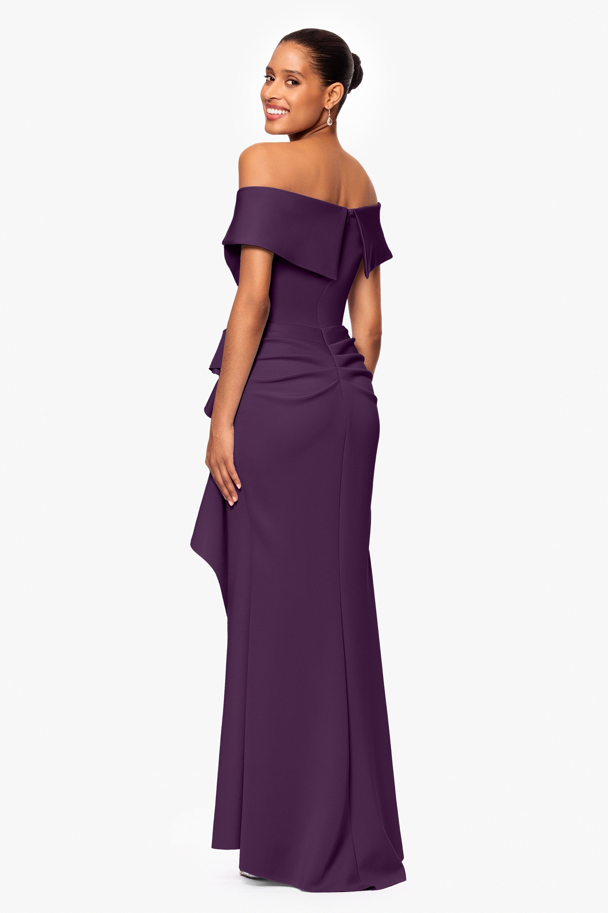 Petite "Patti" Techno Scuba Off The Shoulder Dress Plum XSCAPE