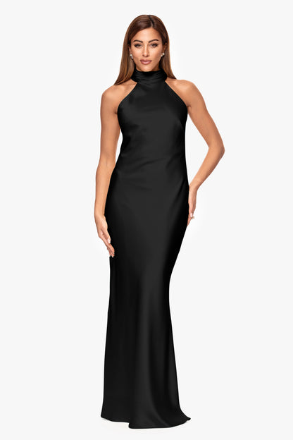 "Ruth" Satin High Tie Neck Backless Dress Black XSCAPE
