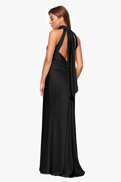 "Ruth" Satin High Tie Neck Backless Dress Black XSCAPE