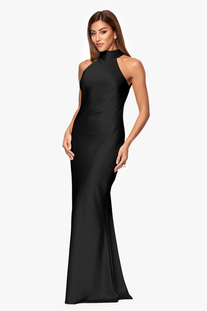 "Ruth" Satin High Tie Neck Backless Dress Black XSCAPE