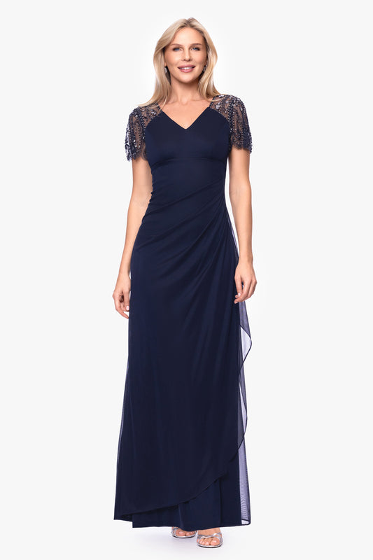 Petite "Lana" Sheer Matte Jersey Beaded Flutter Sleeve Dress Navy XSCAPE