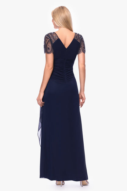 Petite "Lana" Sheer Matte Jersey Beaded Flutter Sleeve Dress Navy XSCAPE