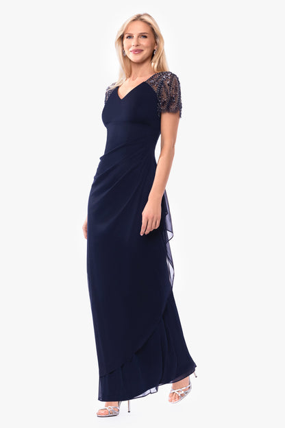 Petite "Lana" Sheer Matte Jersey Beaded Flutter Sleeve Dress Navy XSCAPE