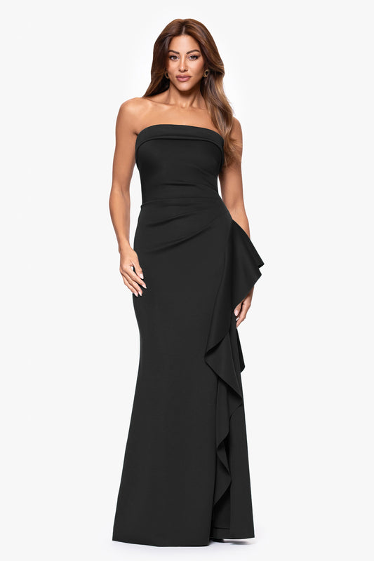"Jacqueline" Techno Scuba Strapless Ruffle Dress Black XSCAPE