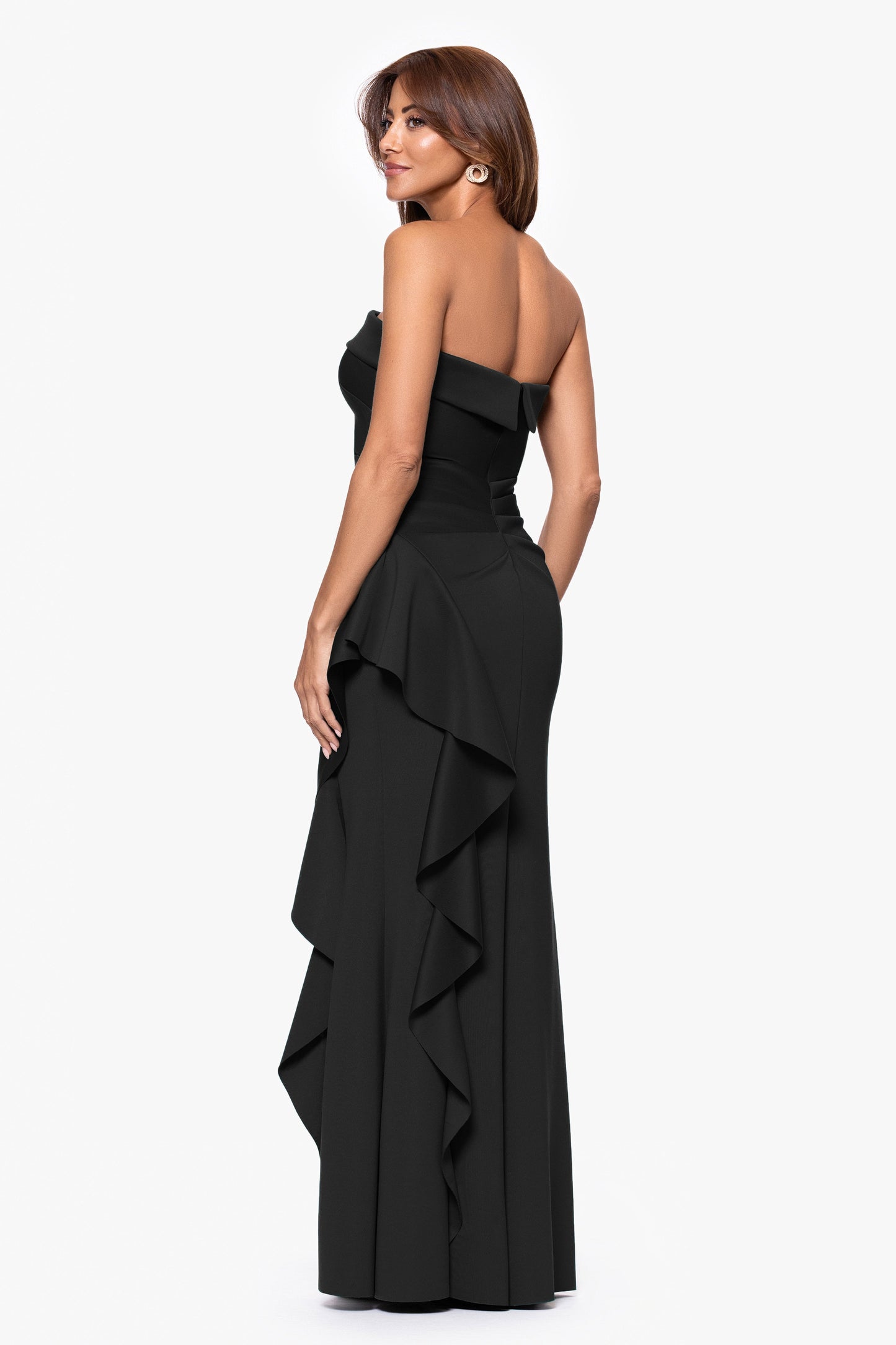"Jacqueline" Techno Scuba Strapless Ruffle Dress Black XSCAPE