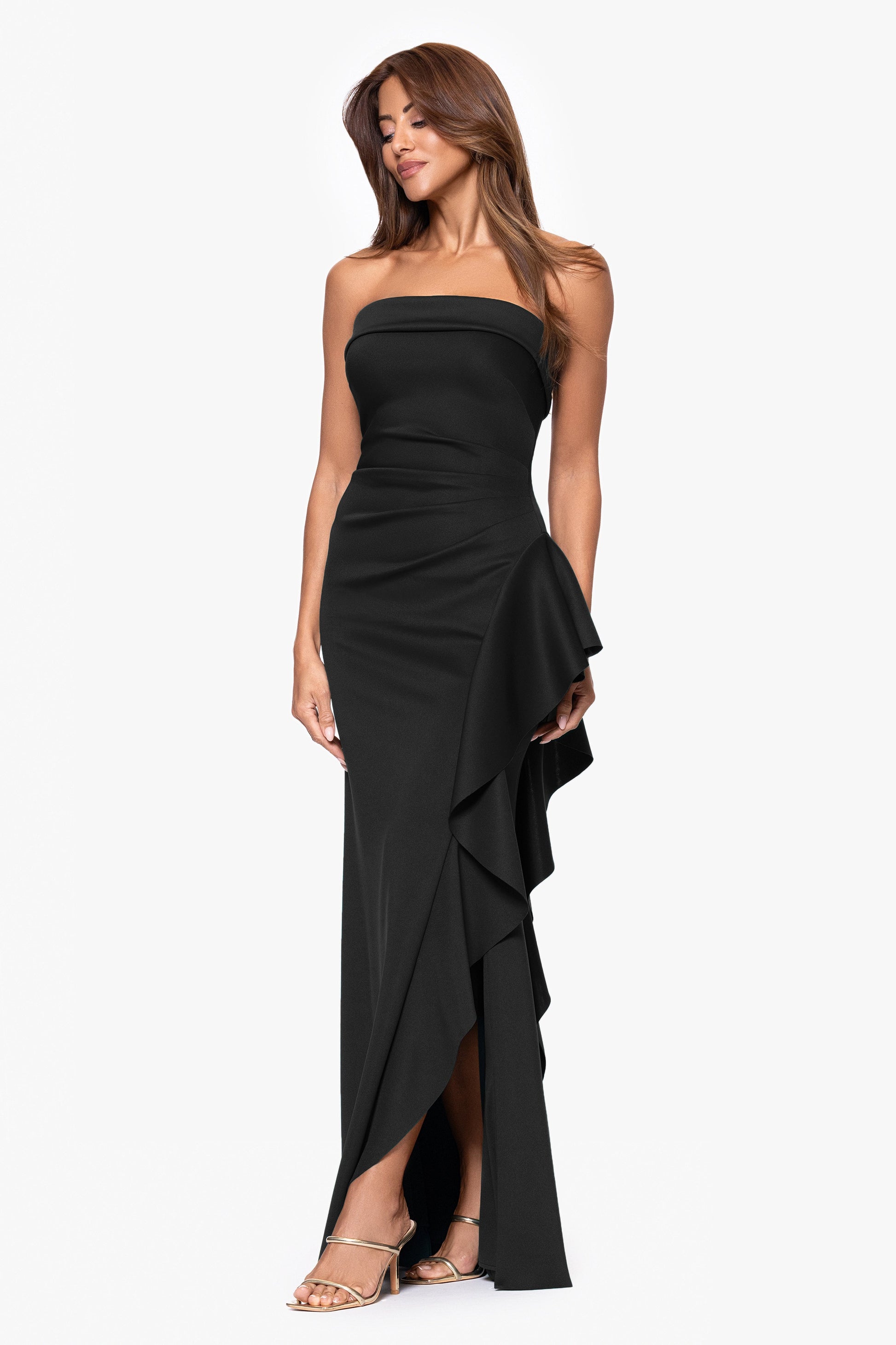 "Jacqueline" Techno Scuba Strapless Ruffle Dress Black XSCAPE