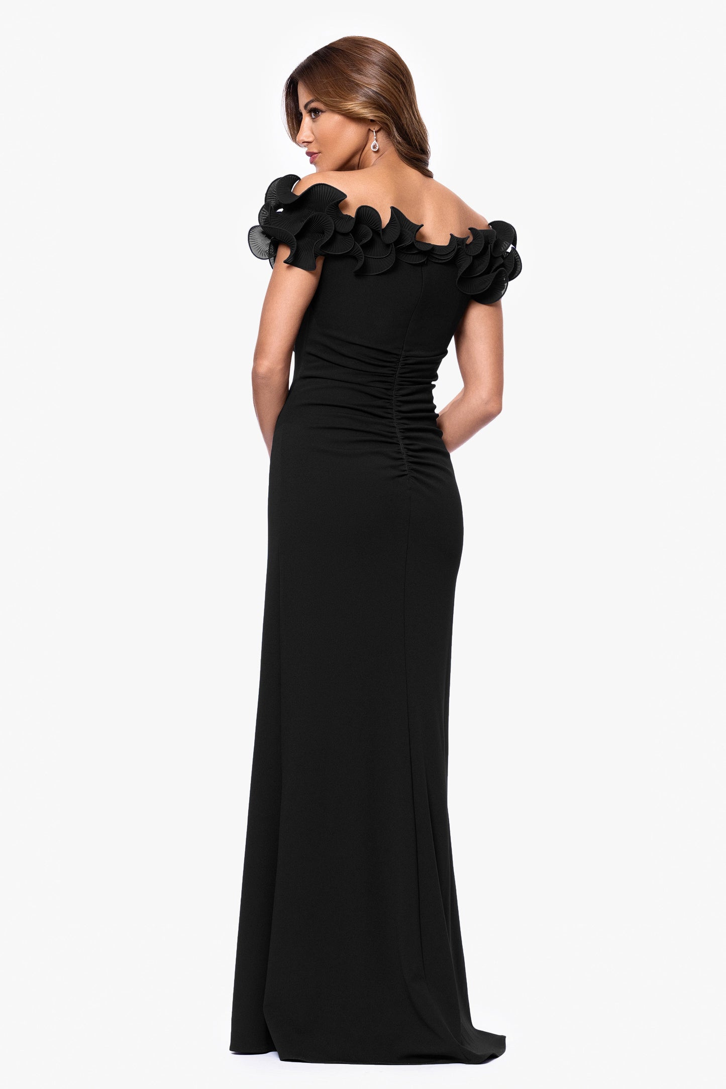 Petite "Anya" Scuba Crepe & Chiffon Ruffle Off the Shoulder Dress Black XSCAPE
