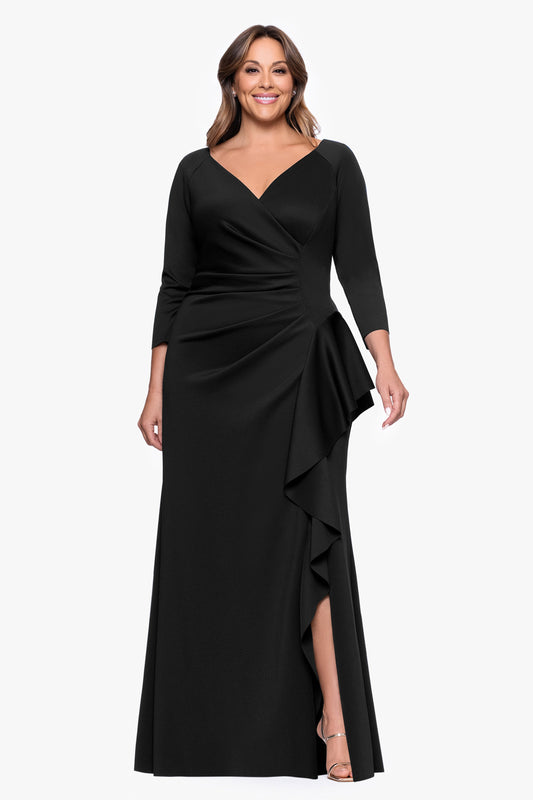 Plus "Amber" Techno Scuba 3/4 Sleeve V-Neck Ruffle Dress Black XSCAPE