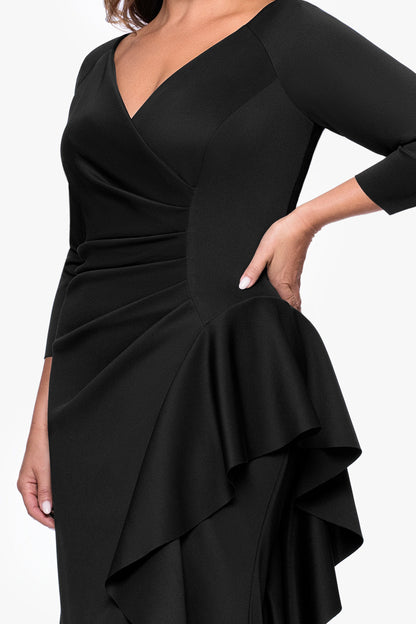 Plus "Amber" Techno Scuba 3/4 Sleeve V-Neck Ruffle Dress Black XSCAPE