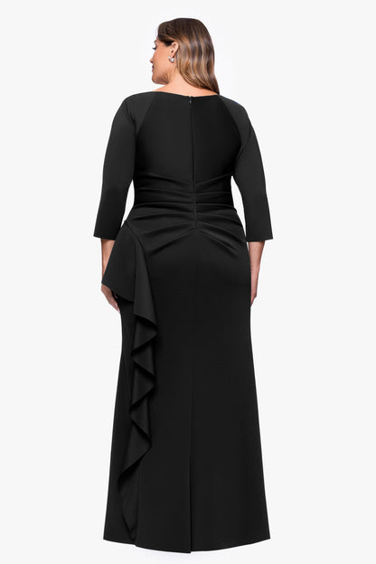 Plus "Amber" Techno Scuba 3/4 Sleeve V-Neck Ruffle Dress Black XSCAPE