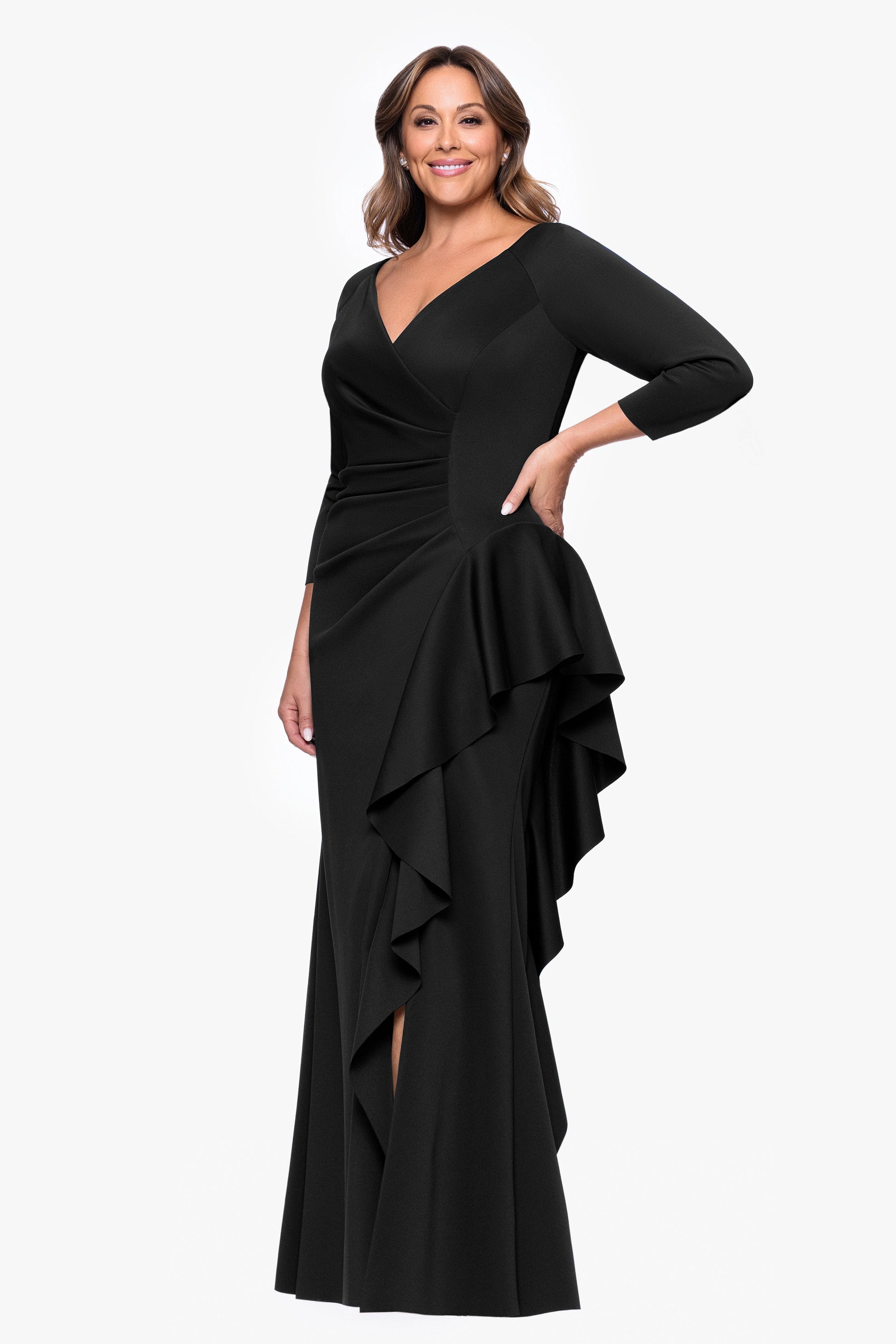 Plus "Amber" Techno Scuba 3/4 Sleeve V-Neck Ruffle Dress Black XSCAPE