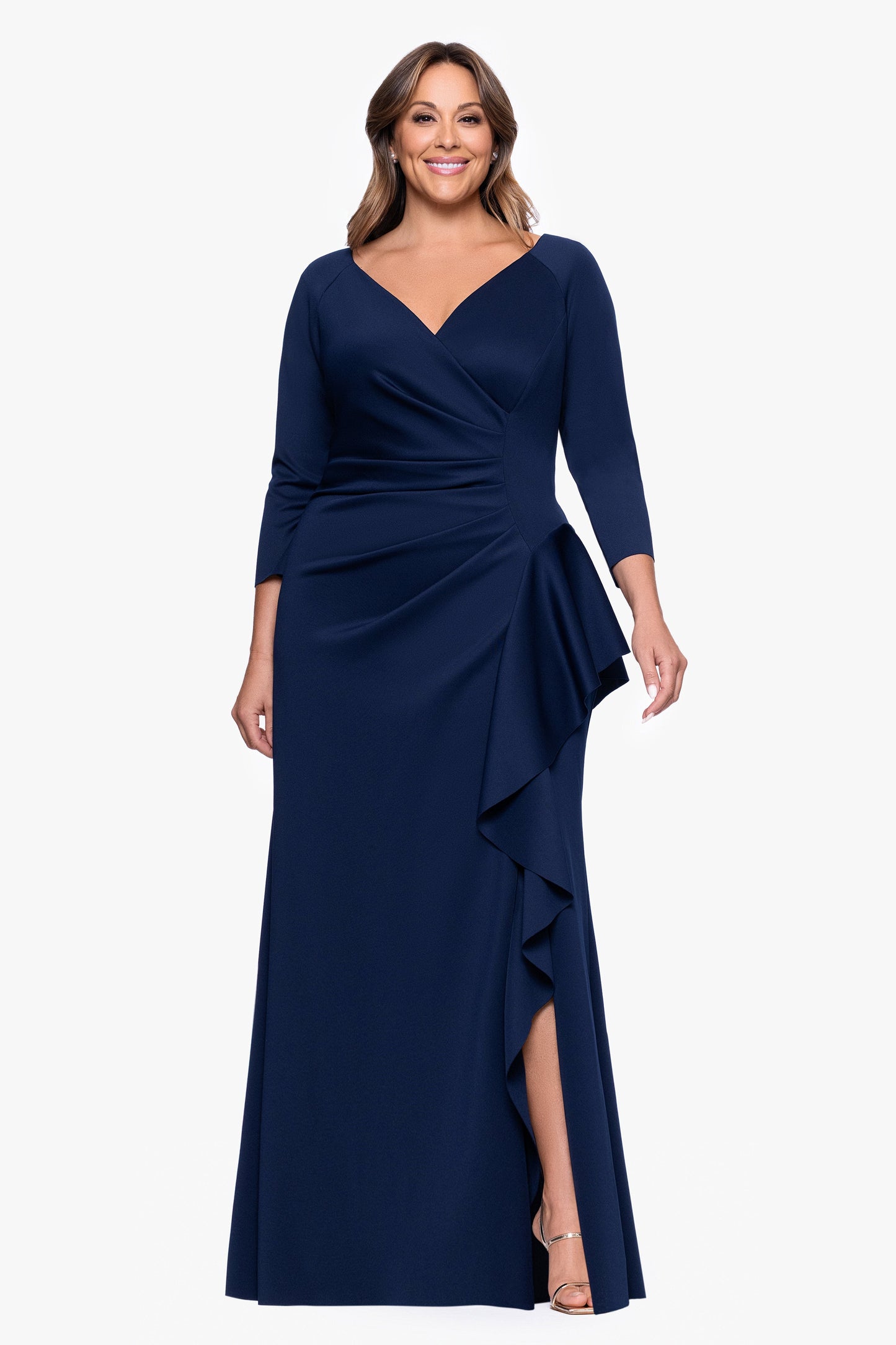 Plus "Amber" Techno Scuba 3/4 Sleeve V-Neck Ruffle Dress Black XSCAPE