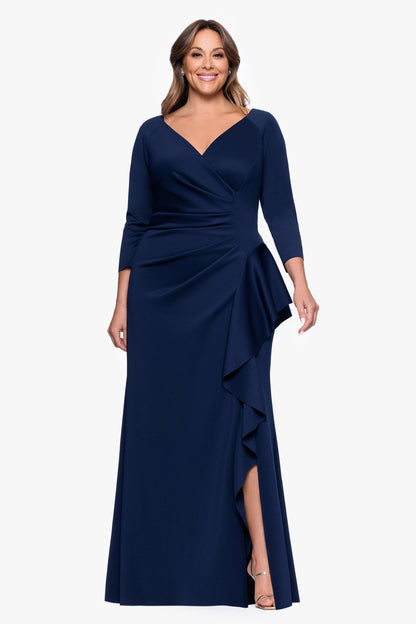 Plus "Amber" Techno Scuba 3/4 Sleeve V-Neck Ruffle Dress Black XSCAPE