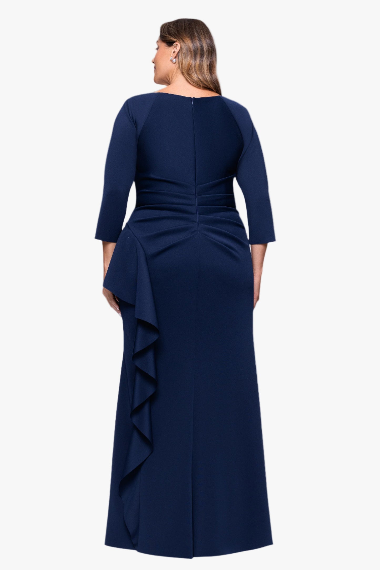 Plus "Amber" Techno Scuba 3/4 Sleeve V-Neck Ruffle Dress Black XSCAPE
