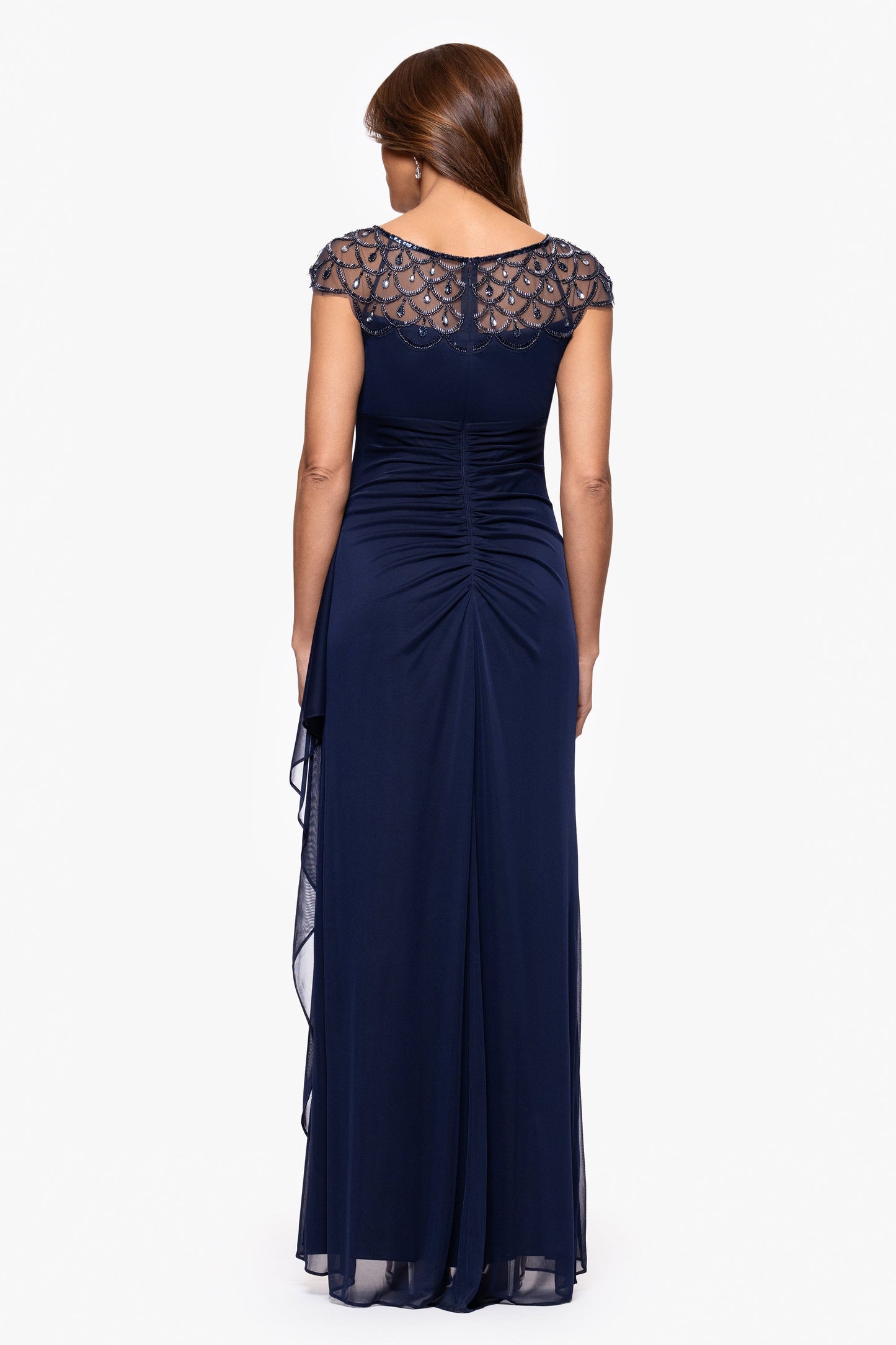 Petite "Khloe" Sheer Matte Jersey Embellished Dress Navy XSCAPE