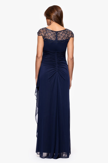 Petite "Khloe" Sheer Matte Jersey Embellished Dress Navy XSCAPE