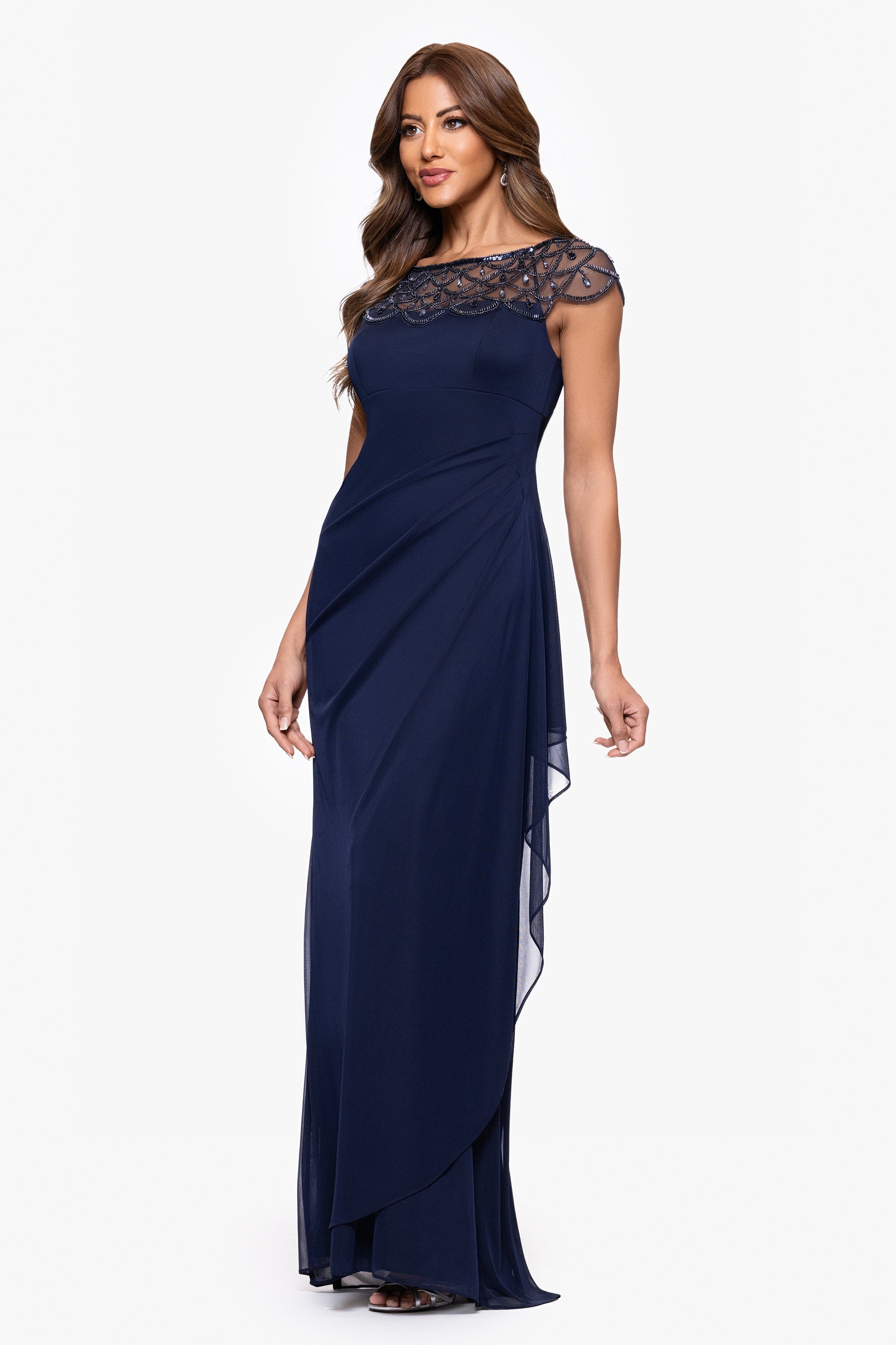 Petite "Khloe" Sheer Matte Jersey Embellished Dress Navy XSCAPE