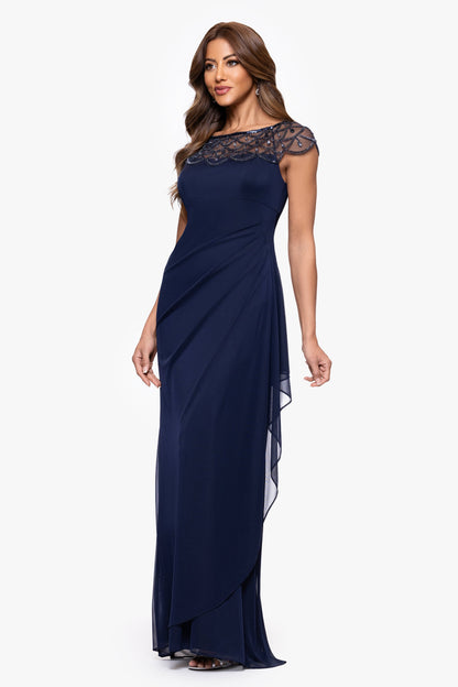 Petite "Khloe" Sheer Matte Jersey Embellished Dress Navy XSCAPE