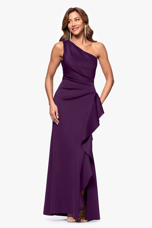 Petite "Flo" Techno Scuba One Shoulder Ruffle Dress Plum XSCAPE