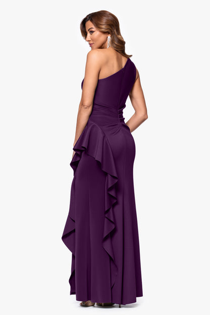 Petite "Flo" Techno Scuba One Shoulder Ruffle Dress Plum XSCAPE