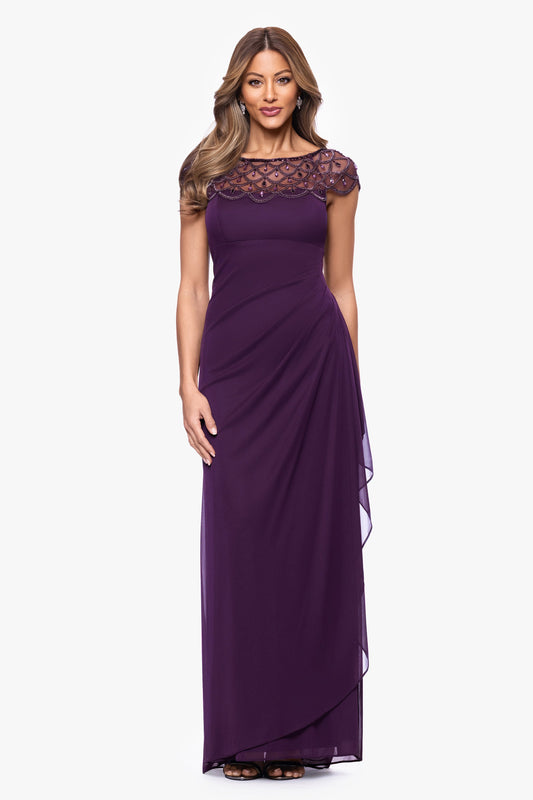 "Khloe" Sheer Matte Jersey Embellished Ruffle Dress Plum XSCAPE