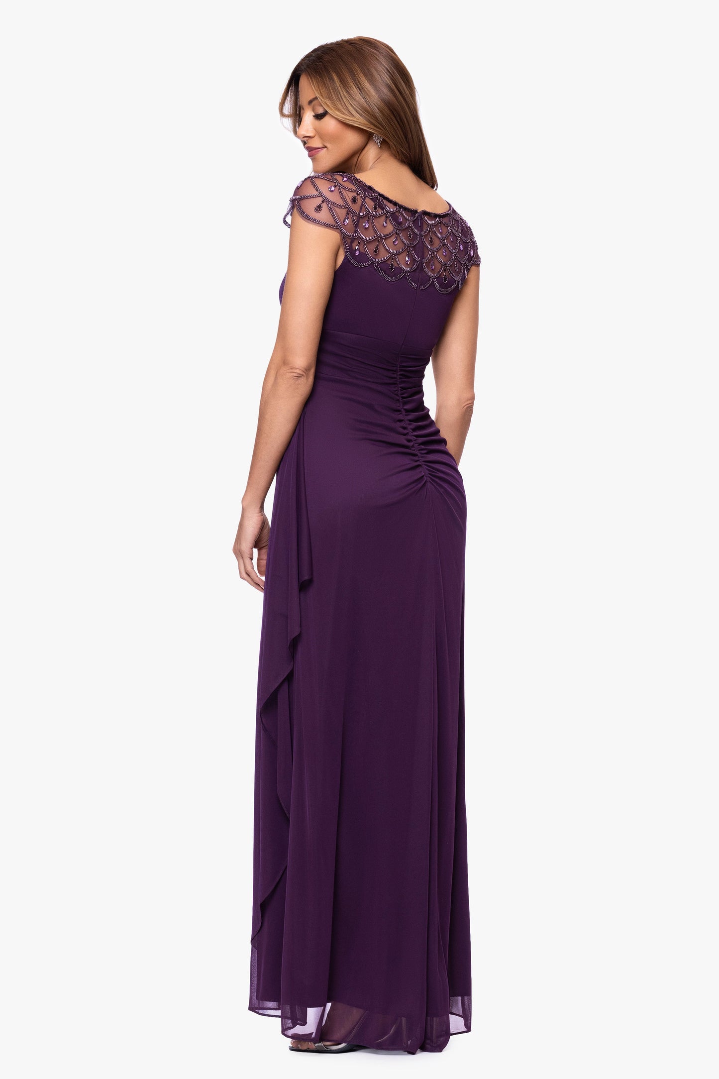 "Khloe" Sheer Matte Jersey Embellished Ruffle Dress Plum XSCAPE