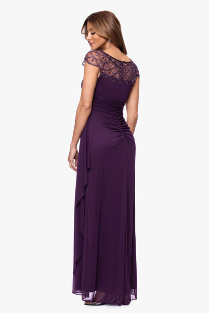 "Khloe" Sheer Matte Jersey Embellished Ruffle Dress Plum XSCAPE