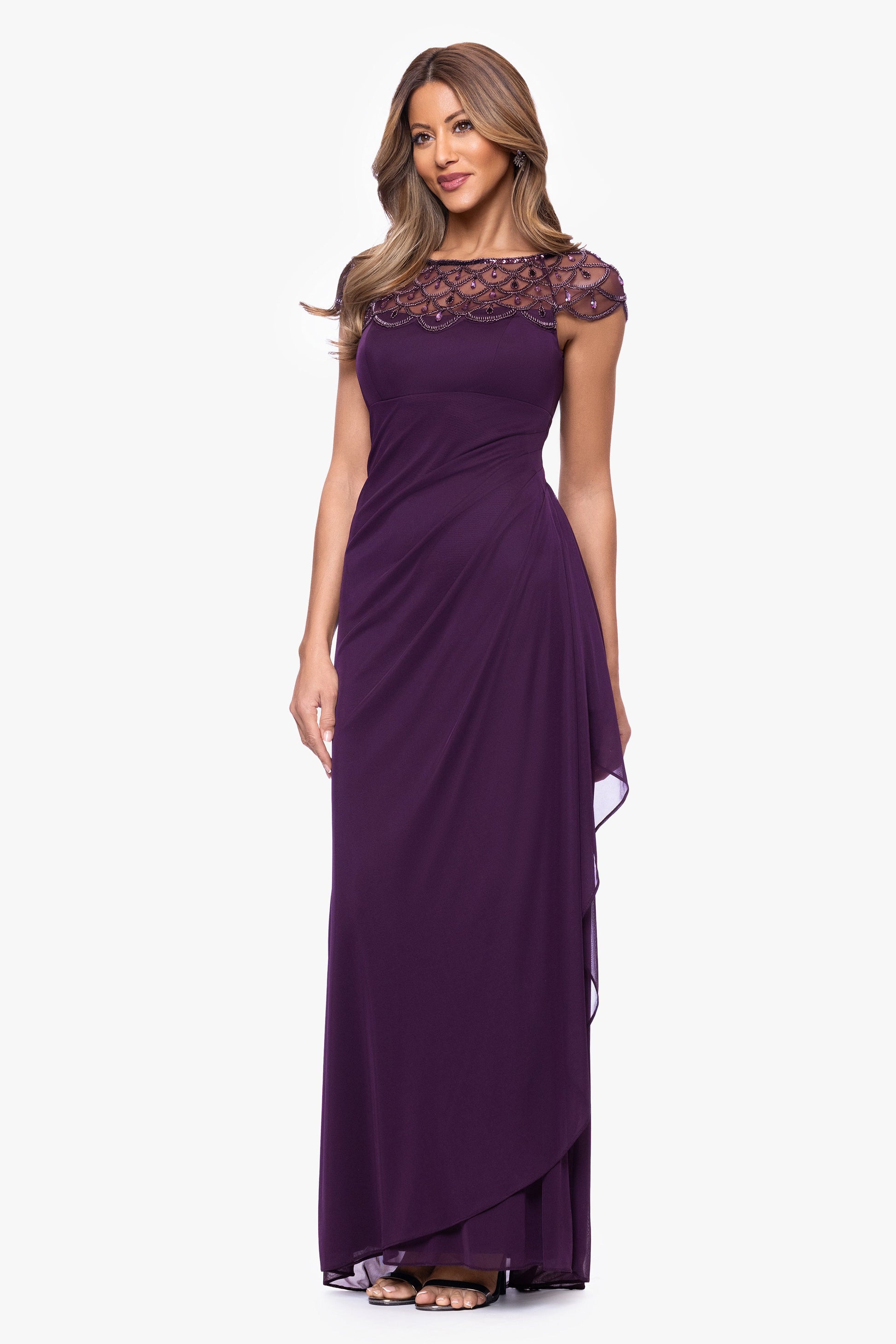 "Khloe" Sheer Matte Jersey Embellished Ruffle Dress Plum XSCAPE