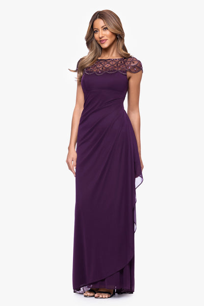 "Khloe" Sheer Matte Jersey Embellished Ruffle Dress Plum XSCAPE