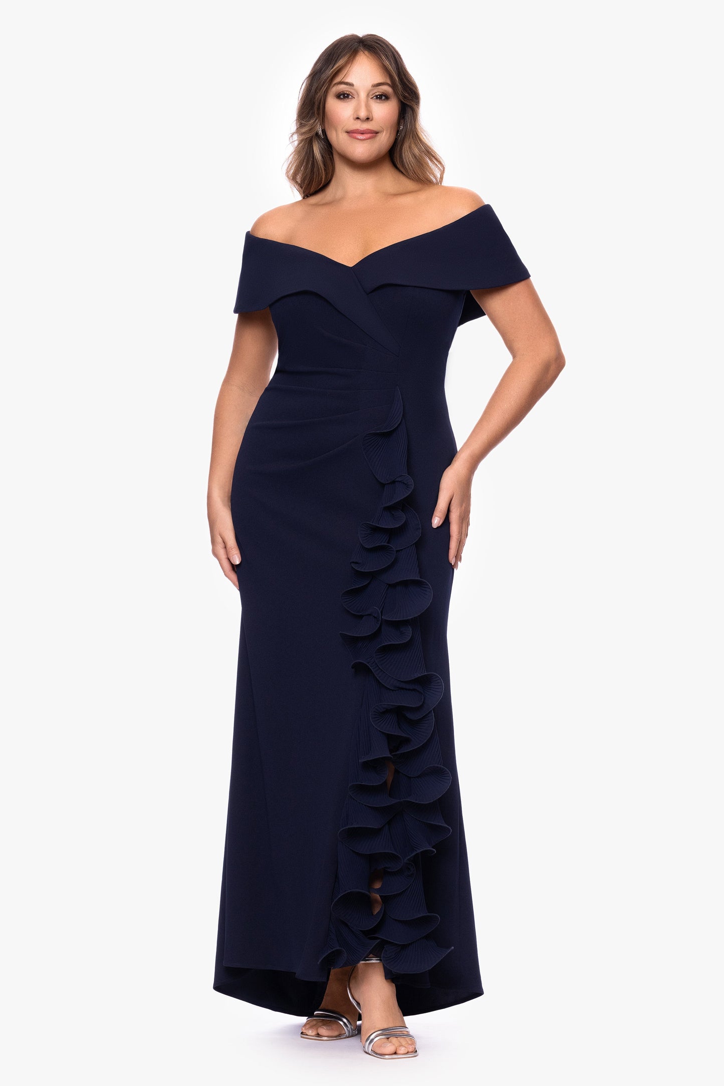Plus "Sara" Scuba Crepe with Chiffon Ruffle Dress Navy XSCAPE