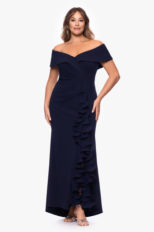 Plus "Sara" Scuba Crepe with Chiffon Ruffle Dress Navy XSCAPE