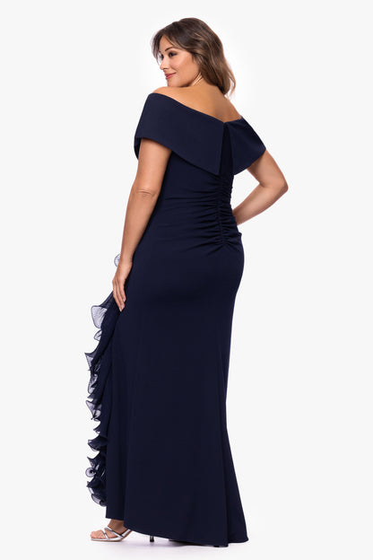 Plus "Sara" Scuba Crepe with Chiffon Ruffle Dress Navy XSCAPE