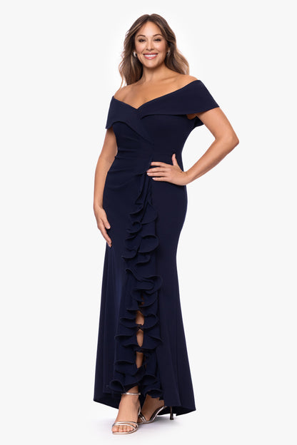 Plus "Sara" Scuba Crepe with Chiffon Ruffle Dress Navy XSCAPE