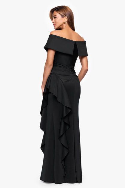 "Pearl" Techno Scuba Off the Shoulder Ruffle Dress Black XSCAPE