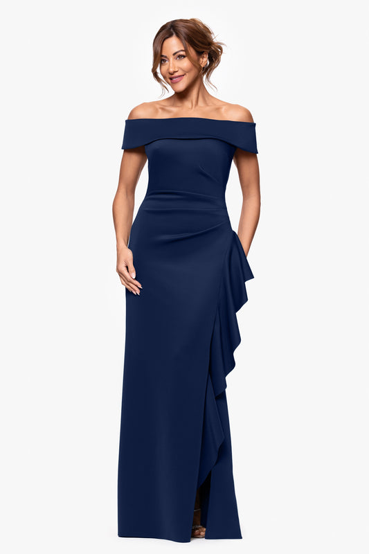 Petite "Dolly" Techno Scuba Off the Shoulder Ruffle Dress Midnight XSCAPE