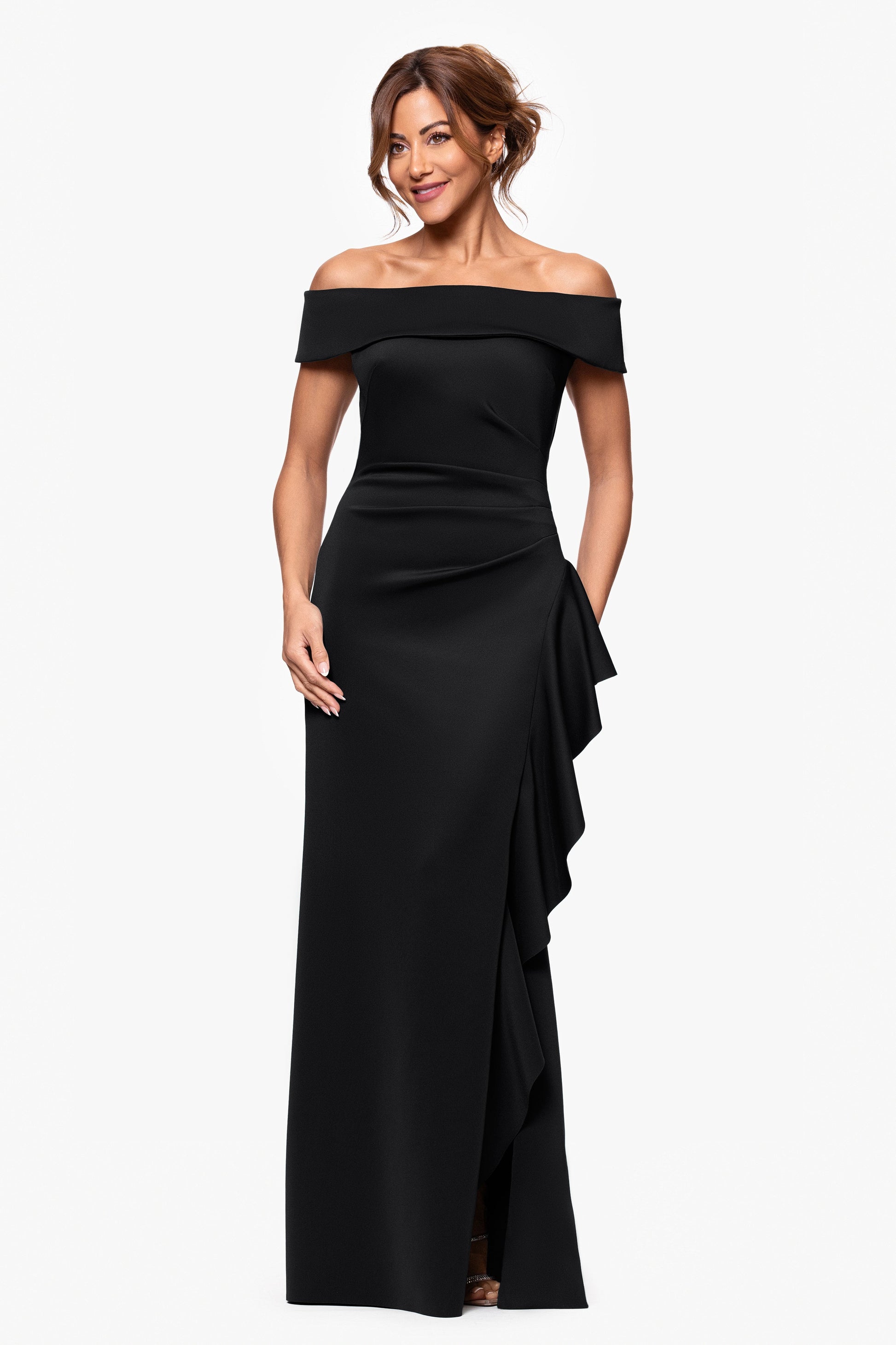 "Dolly" Techno Scuba Off the Shoulder Ruffle Dress Black XSCAPE