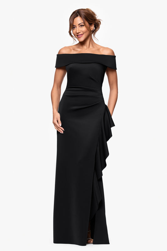 "Dolly" Techno Scuba Off the Shoulder Ruffle Dress Black XSCAPE