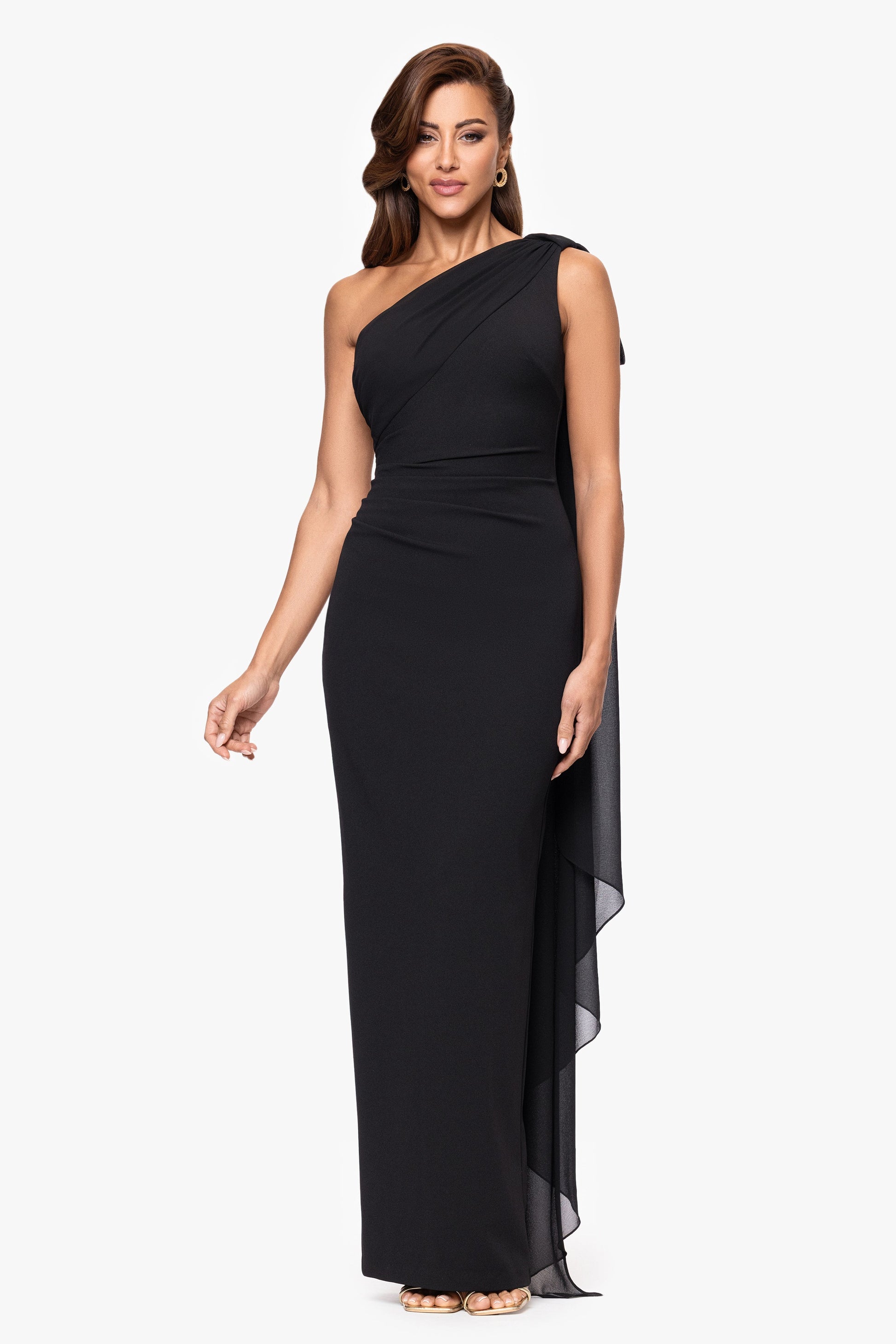 "Grace" Scuba Crepe and Chiffon One Shoulder Shash Dress Black XSCAPE