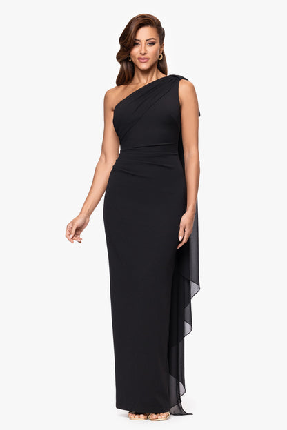 "Grace" Scuba Crepe and Chiffon One Shoulder Shash Dress Black XSCAPE