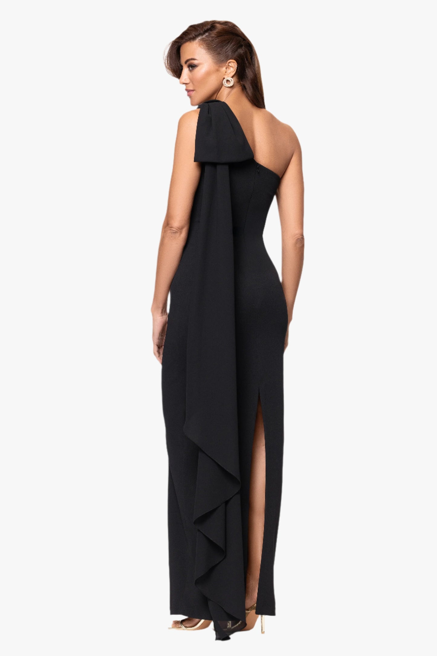 "Grace" Scuba Crepe and Chiffon One Shoulder Shash Dress Black XSCAPE